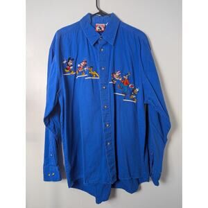 VTG Mickey Inc Blue Button Up Size XL Mickey Minnie Pluto Daisy Goofy Donald